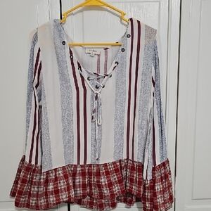 Umgee Burgundy and White Striped Lace-Up Top Patriotic Or Nautical Look.